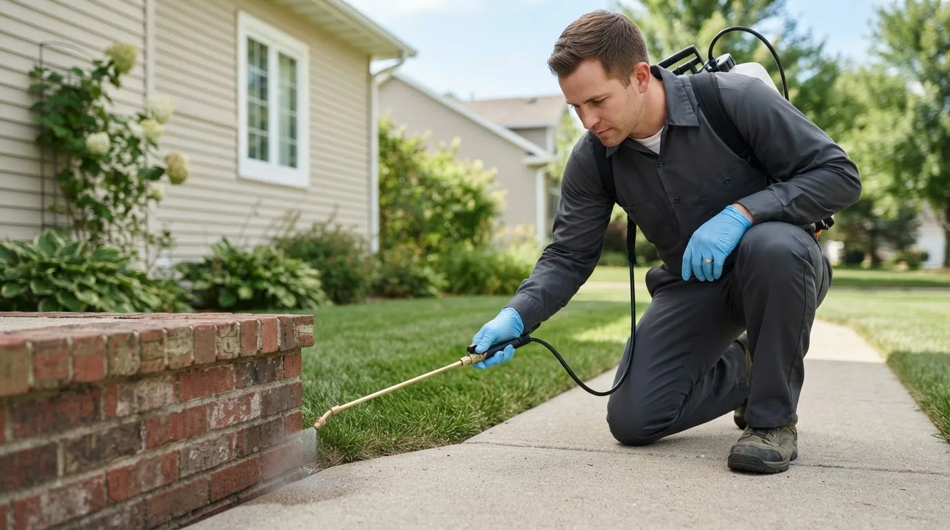 Pest control technician treating a home near Engadine, MI
