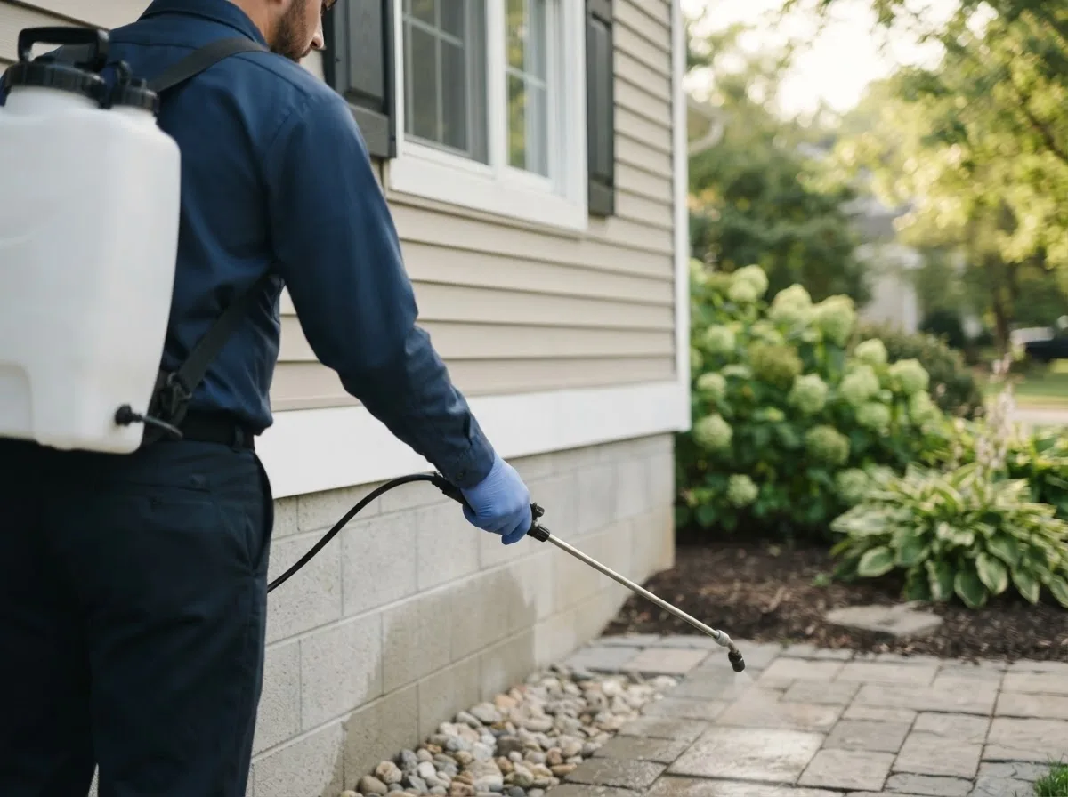 Pest control technician inspecting a home in Engadine, MI